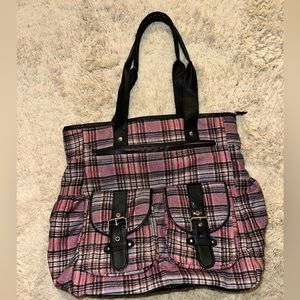 Pink plaid shoulder bag. 14” high and wide.